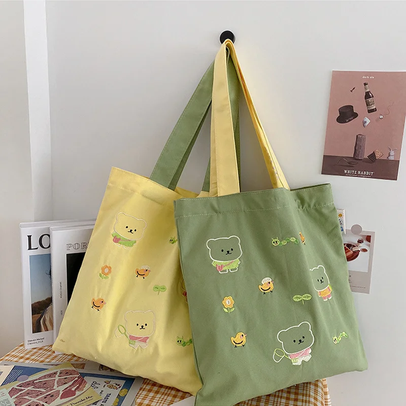 

Summer Girl Canvas Shoulder Bag Cute Embroidery Cloth Handbag Tote Eco Cotton Fabric Books Bag Portable Shopping Bags For Ladies