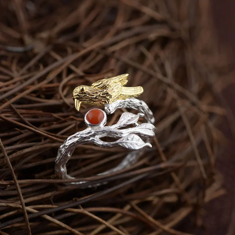 

FNJ 925 Silver Leaf Bird Ring for Women Jewelry 100% Original Pure S925 Silver Sterling Rings Vintage Lapis Lazuli Red Agate
