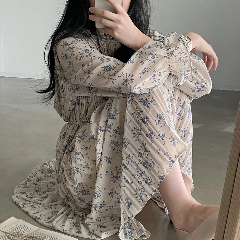 

Vintage Floral Print Dress Women Spring Summer 2021 Loose Long Sleeve Ruched High Waist Ladies Midi Dresses Elegant Vestidos