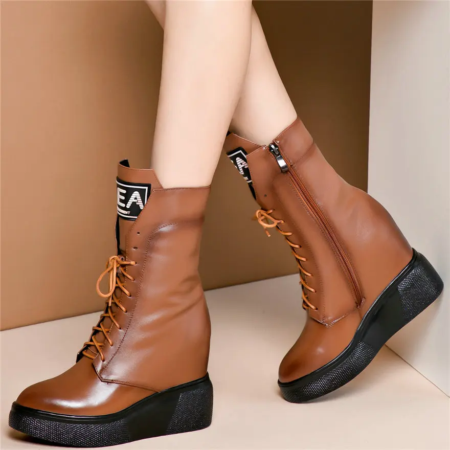 Punk Creepers Women Lace Up Genuine Leather Wedges High Heel Ankle Boots Female High Top Round Toe Fashion Sneakers Casual Shoes
