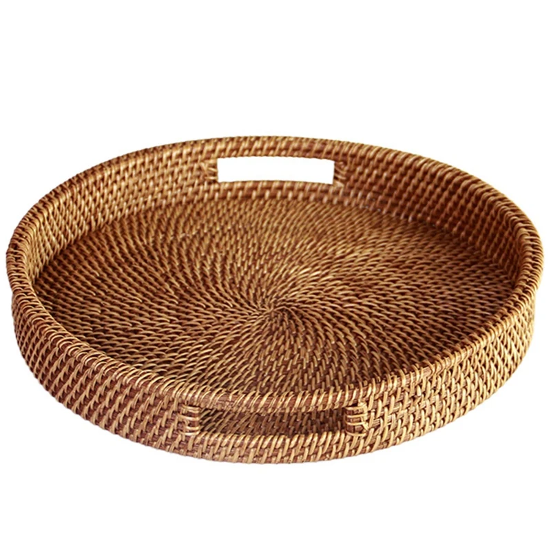 

Practical Rattan Tray With Handle - Hand-Woven Multi-Purpose Wicker Tray With Durable Rattan Fiber (Round 13.5 Inch Diameter, Na