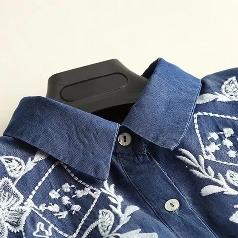 2020 New Embroidery Flower Denim Long Sleeve Shirts for Women Spring Fall Vintage Single Breasted Loose Fit Blouse Womens Tops | Женская
