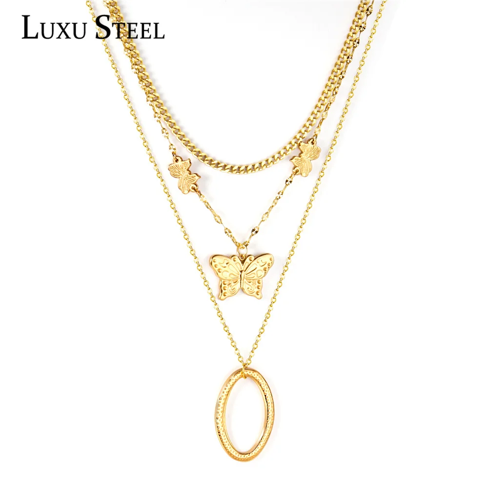 

Ожерелье LUXUSTEEL с овальной подвеской-бабочкой, аксессуары для цепочек, винтажное ожерелье из нержавеющей стали золотого цвета с тройной цепь...