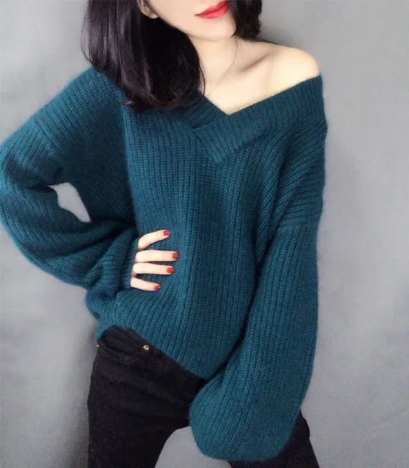 

basic v-neck solid autumn winter Sweater Pullover Women Female Knitted sweater Black