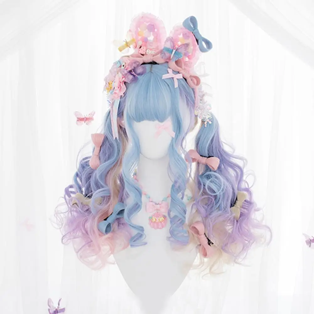 

Косплей микс 67 см Лолита японская Милая Харадзюку длинные волнистые голубые розовые челки Омбре для Хэллоуина вечеринки синтетические волосы косплей парик + шапочка
