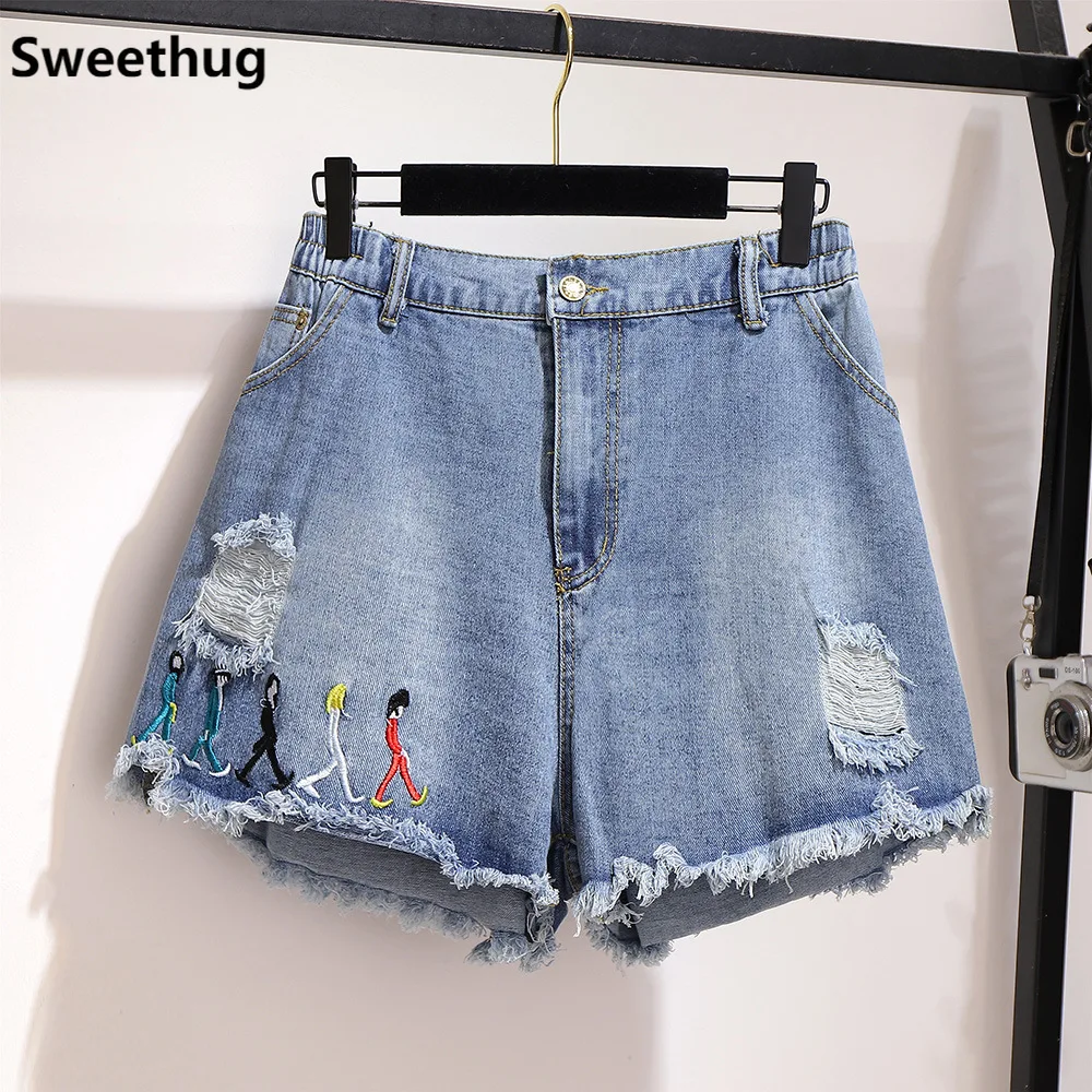 

2XL to 6XL 2021 summer plus size denim shorts for women large loose casual elastic waist hole wide leg retro shorts blue