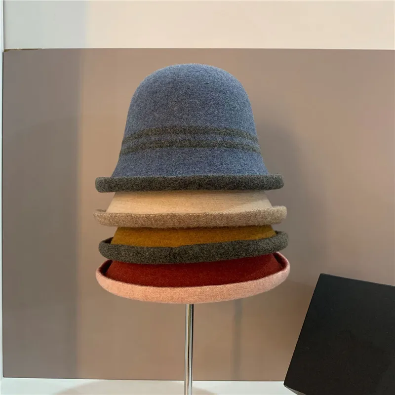

202112-shenjin new autumn winter warm wool Japanese striped lady bucket cap women leisure hat
