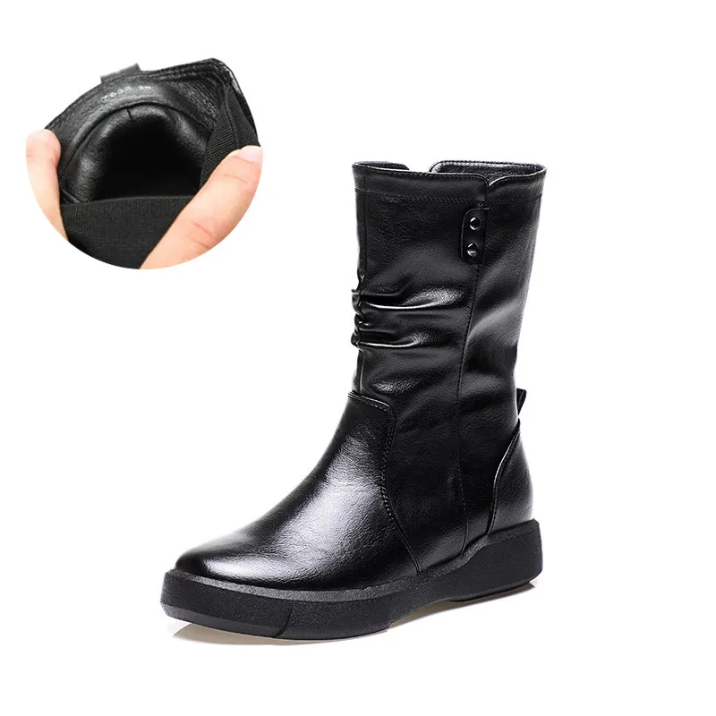 Leather inside Fletiter/женские ковбойские сапоги без застежки на массивном каблуке средней высоты; плиссированные сапоги до середины голени с круглым носком в западном стиле; сезон осень-зима; - Цвет: Leather inside