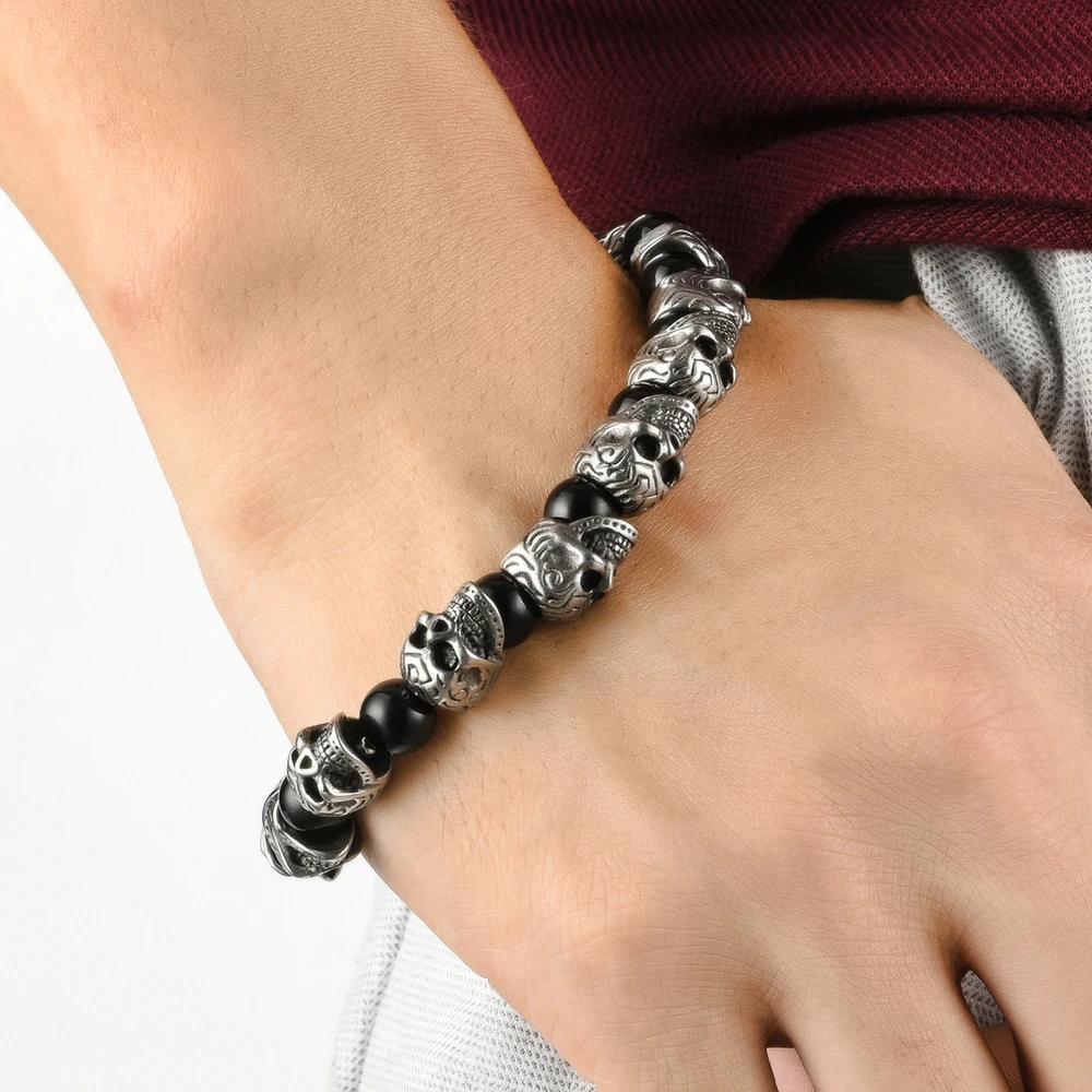 Мужской золотистый браслет с черепом из натурального камня нержавеющей стали |