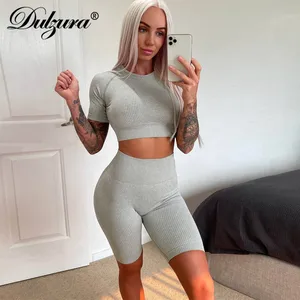 Женский трикотажный Костюм-двойка в рубчик Dulzura, укороченный топ, велосипедные шорты, сексуальная уличная одежда для фитнеса 2020, летняя одежда, спортивный костюм, наряд