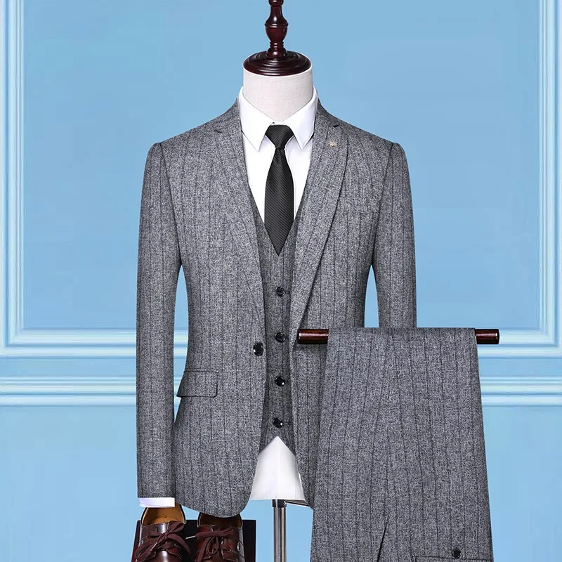 

Groom suit, Korean version of slim suit, striped suit, wedding dress, bridesmaid casual suit, three-piece suit,(Coat+Pants+Vest)