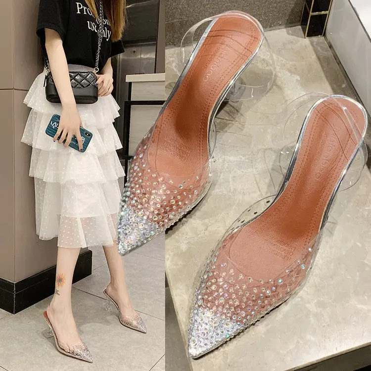 

Pointed Sandals Women 2021 Summer Cash Fashion Rhinestone Stiletto Heel Sandals Transparent Baotou
