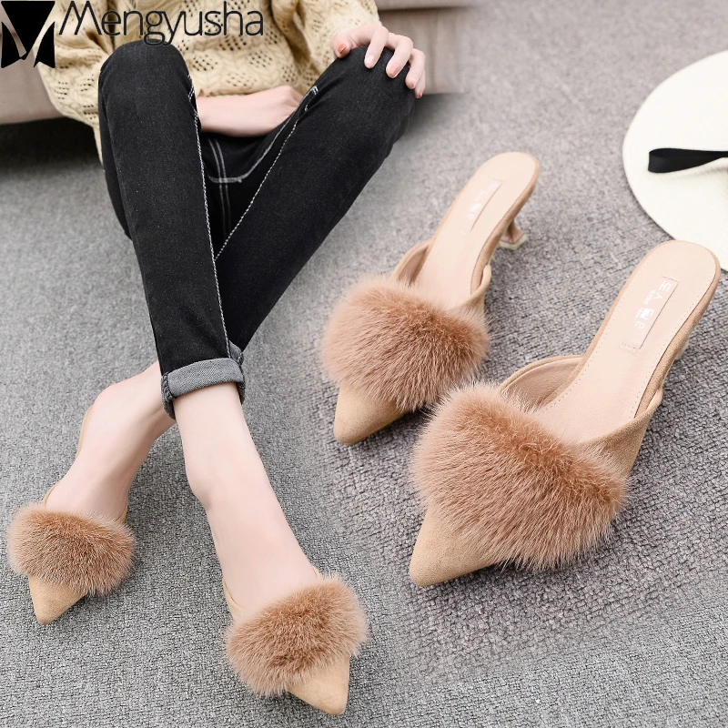 Мюли женские с острым носком бархатные туфли-лодочки на тонком высоком каблуке