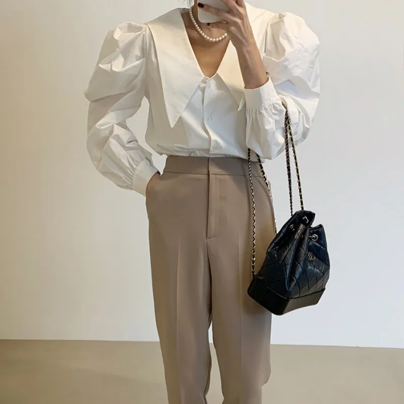 

Autumn Winter Minimalist Women Two Piece Set Outfits Long Sleeve Blouses and High Waist Long Pants Office Ladies 2 Piece Sets
