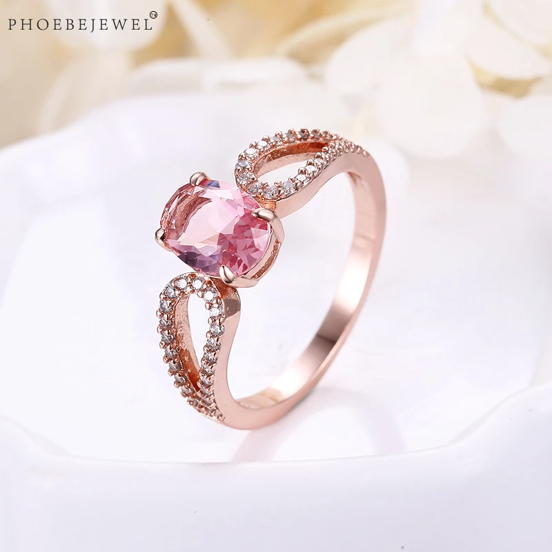 PHOEBEJEWEL классические женские кольца из розового золота с розовым камнем фианита 2
