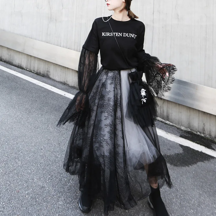 

Skirt High Waist Lace Stitching Five-Layer Black White Tulle Skirt Fluffy Skirt Fairy Skirt Plus Size Streetwear Women Skirts
