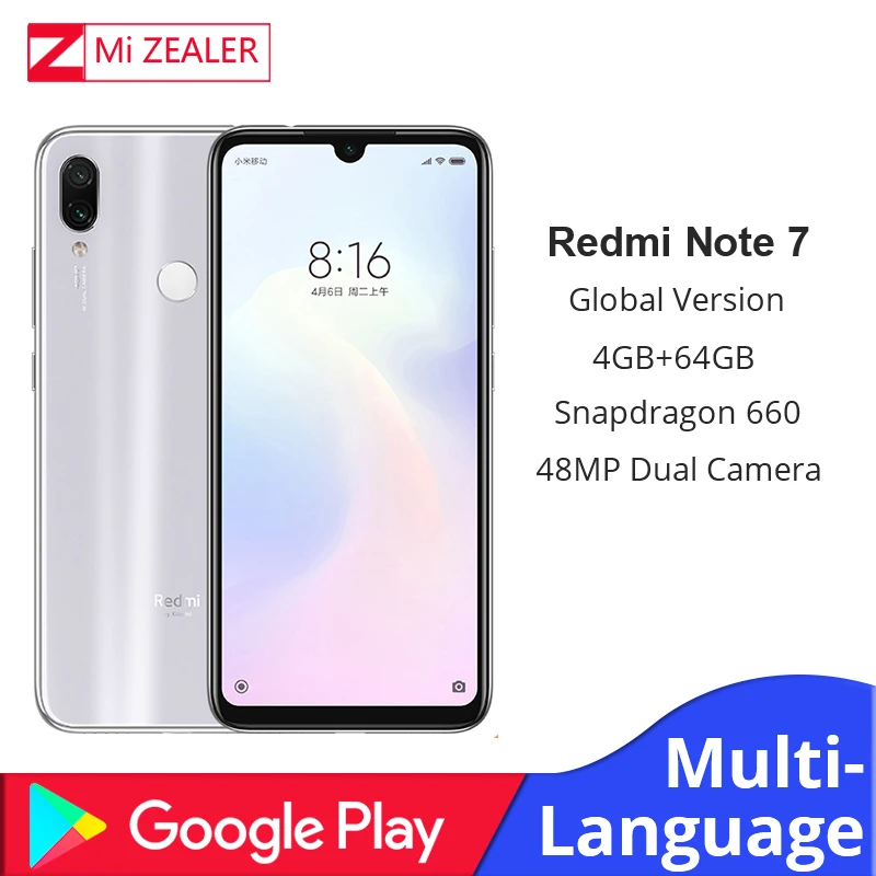 Белый Xiaomi Redmi Note 7 с глобальной версией 4 Гб ОЗУ 64 ПЗУ 5 В 2 А QC зарядка мобильный