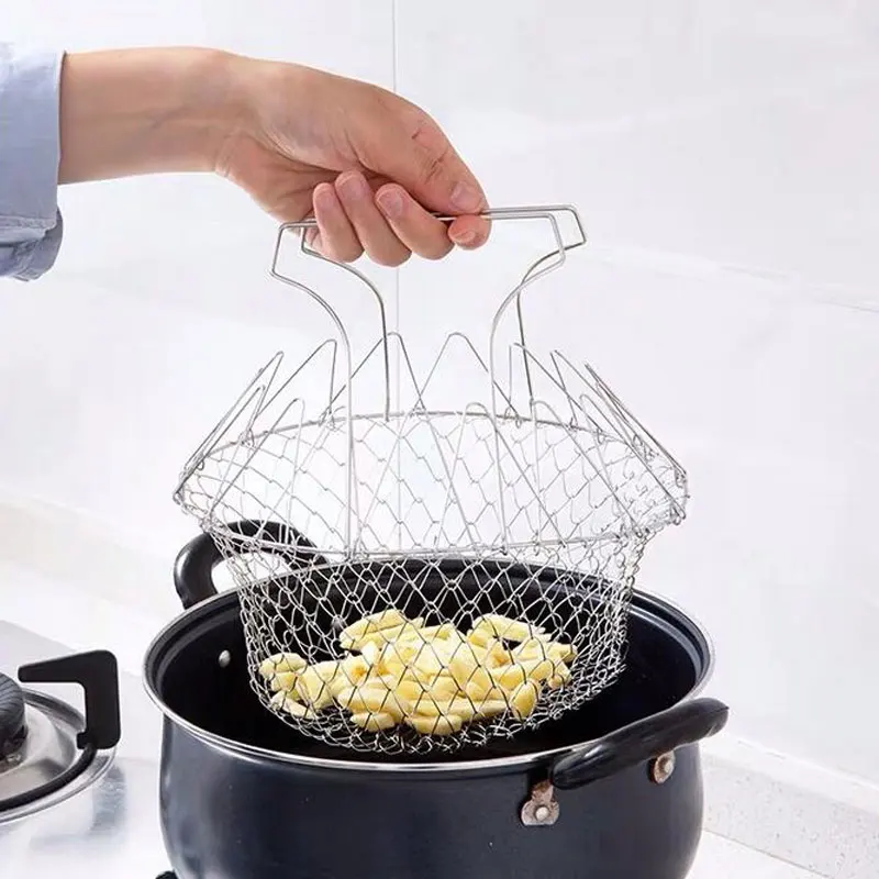 

Stainless Steel Foldable Multi-function Drain Basket Frying Basket colander Strainer sieve Kitchen Cooking Tools Accessories