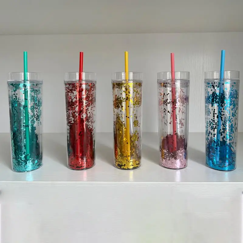 

New Double Layer Shiny Transparent Plastic Cup 473ml/16oz Creative Water Cup Straw Cup Coffee Cup Coffee Mug Tumbler With Straw