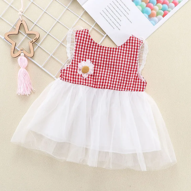 Летнее платье для девочек детское принцессы в клетку с цветочным рисунком