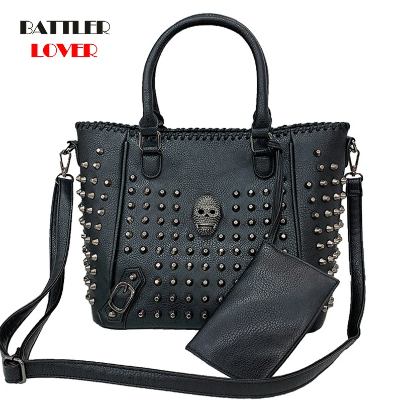 

Women Big Capacity Punk Totes Female Skull Rivet Design Travel Handbags 2 Sets Composite Shoulder Purses For Ladies Mini Wallet