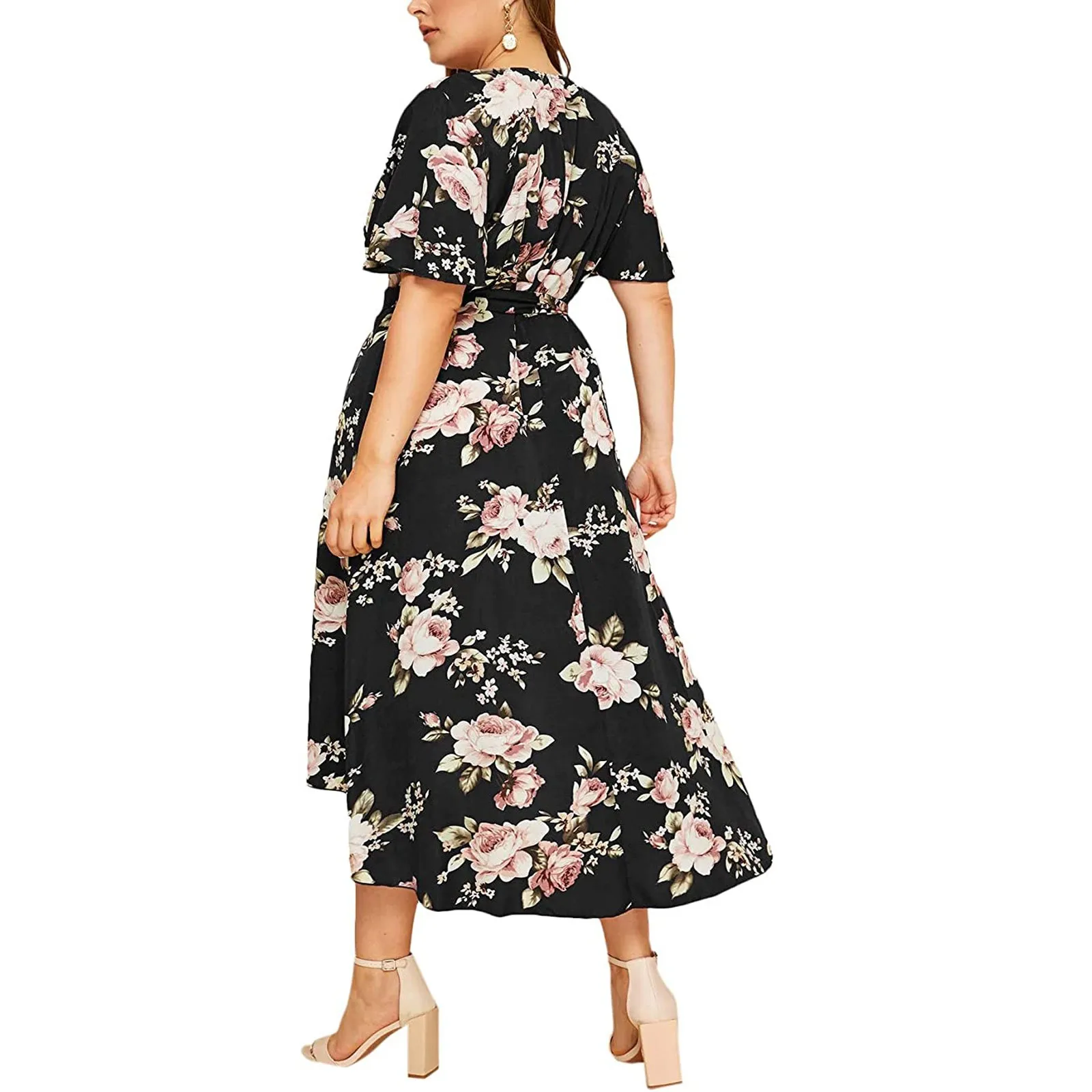 

Dress Plus Size 5xl Women Summer Loose Waist V Neck Short Sleeve Large Women's Wear Print Bohemian Oversize Floral Dress