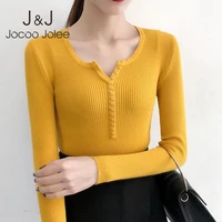 korean elegant button v neck slim sweater casual solid chic wild pullovers high elasticity soft basic knitted tops jumpers 2020