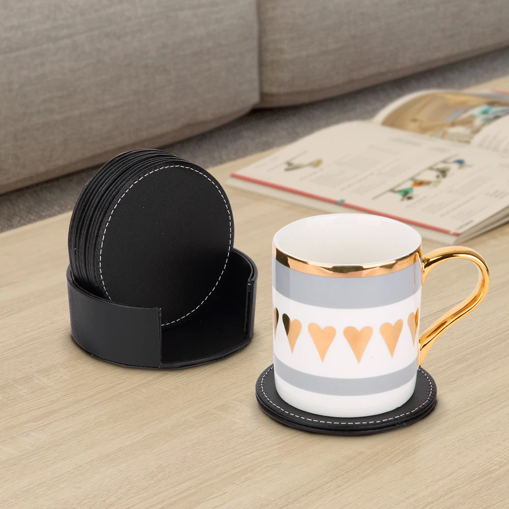 6 шт набор подставка из искусственной кожи Подставка под кружку черный круглый