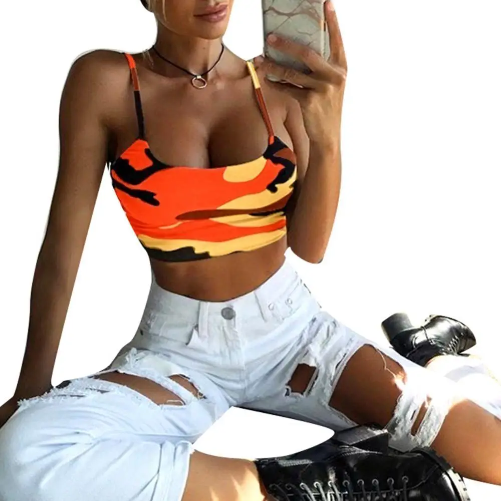 

2021 Summer Sexy Camo Women Breathable U Neck Sleeveless Short Crop Top Sports Fitness Strappy Vest for Sports or Daily Wear