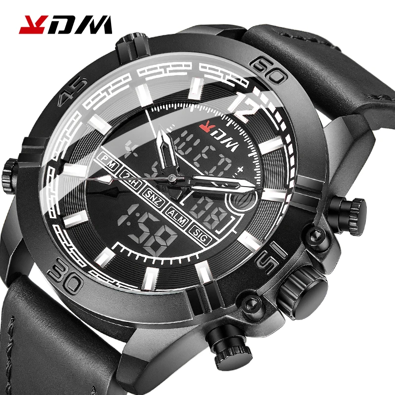 KDM спортивные часы для мужчин кожаный ремешок Reloj Hombre Deportivo двойной дисплей