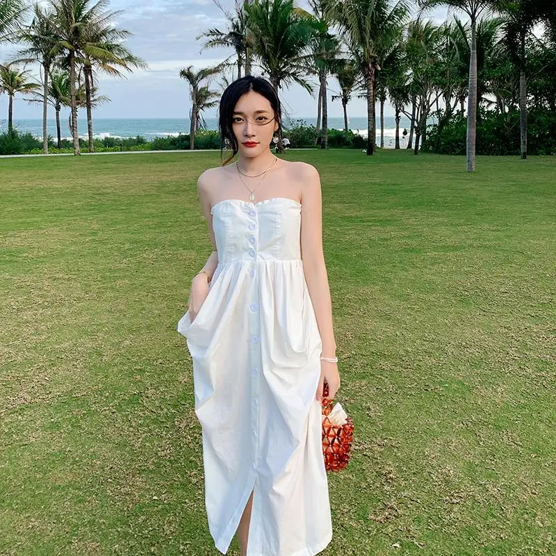 

White Dress Women Strapless Sleeveless Knee-Length Dress 2021 Summer Beach Holiday Sundress Casual Vestidos Plus Size Robe