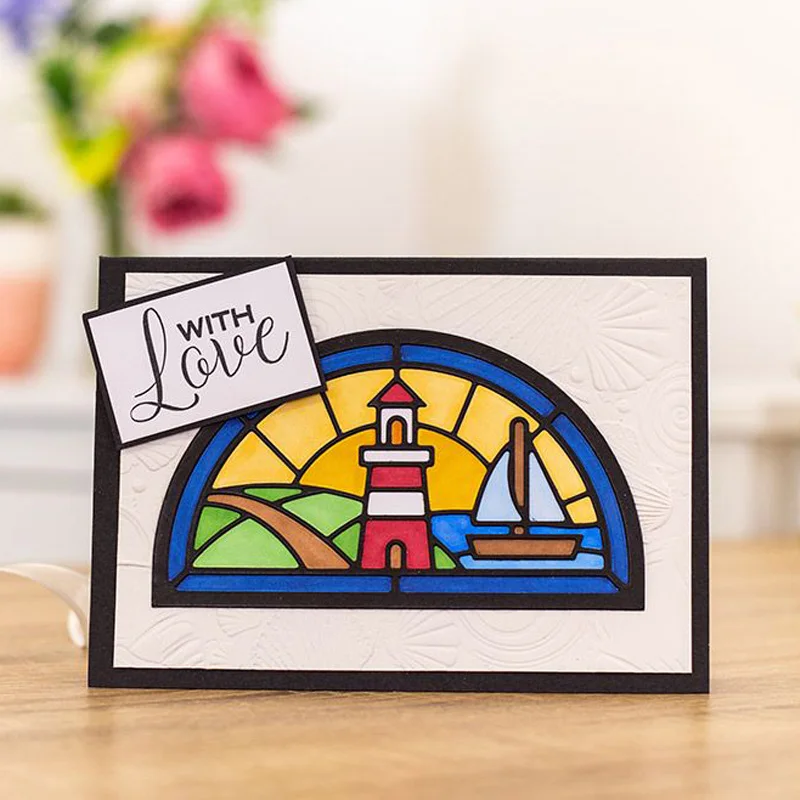 

Semicircular Stainedglass Charming Landscape Sailboat Building Metal Cutting Dies For DIY Scrapbooking Embossing Paper Cards New