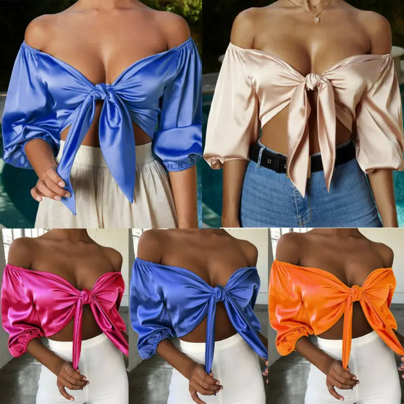 

Hot Sexy Slash Neck Top Women Off-shoulder 3/4 Sleeve Cropped Shirts Bow Tie Top Shirt Summer Party Tops Shirts Satin Clothes