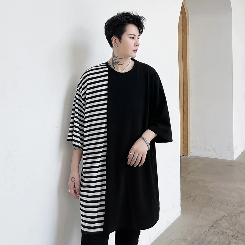 

Футболка мужская с коротким рукавом, свободная рубашка в стиле пэчворк, в полоску, черно-белая, в стиле хип-хоп, на лето