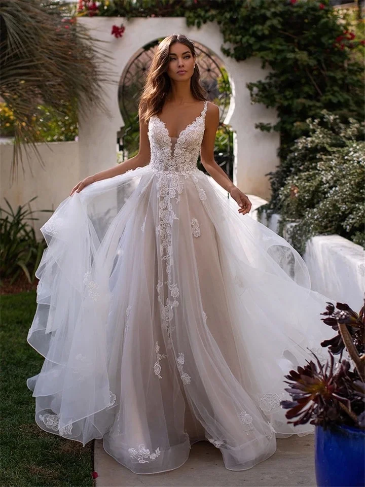 

Длинное свадебное платье в стиле бохо, ТРАПЕЦИЕВИДНОЕ ПЛАТЬЕ с открытой спиной, свадебные платья на бретелях-спагетти с 3D цветами, свадебны...