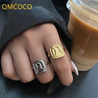 qmcoco korean silver color square geometric ring smooth surface open adjustable personality for women jewelry accessories