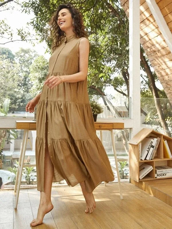 

HAOOHU Thin Women's Dress Single-breasted Summer loose And Style Beach New Pleated