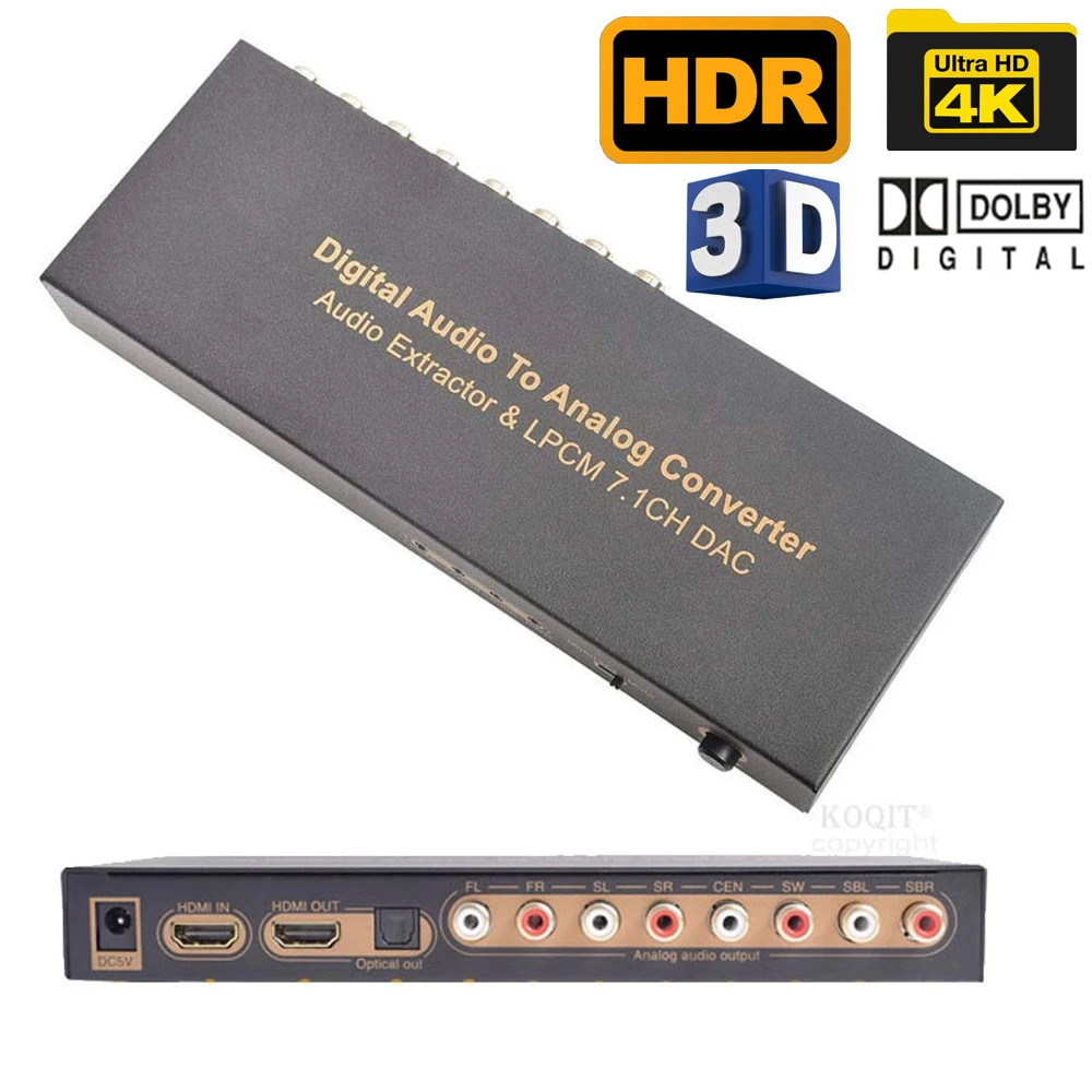 

4K HDMI Audio Extractor Digital To Analog Audio Converter Optical Multi-Channel LPCM 4K 192KHz DAC 7.1Ch DTS Spdif RCA Output