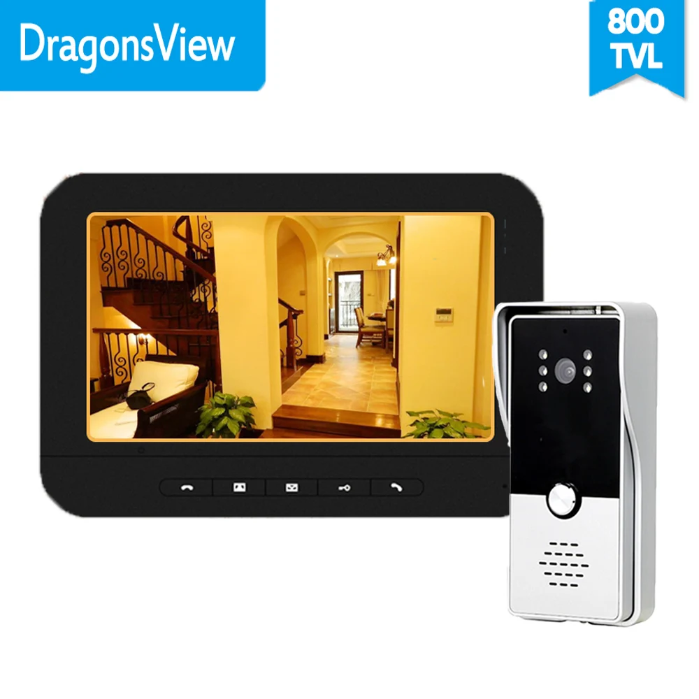 

Видеодомофон Dragonsview 7 дюймов, дверной звонок с камерой, разблокировка, водонепроницаемый белый черный монитор, дневное и ночное видение, раз...