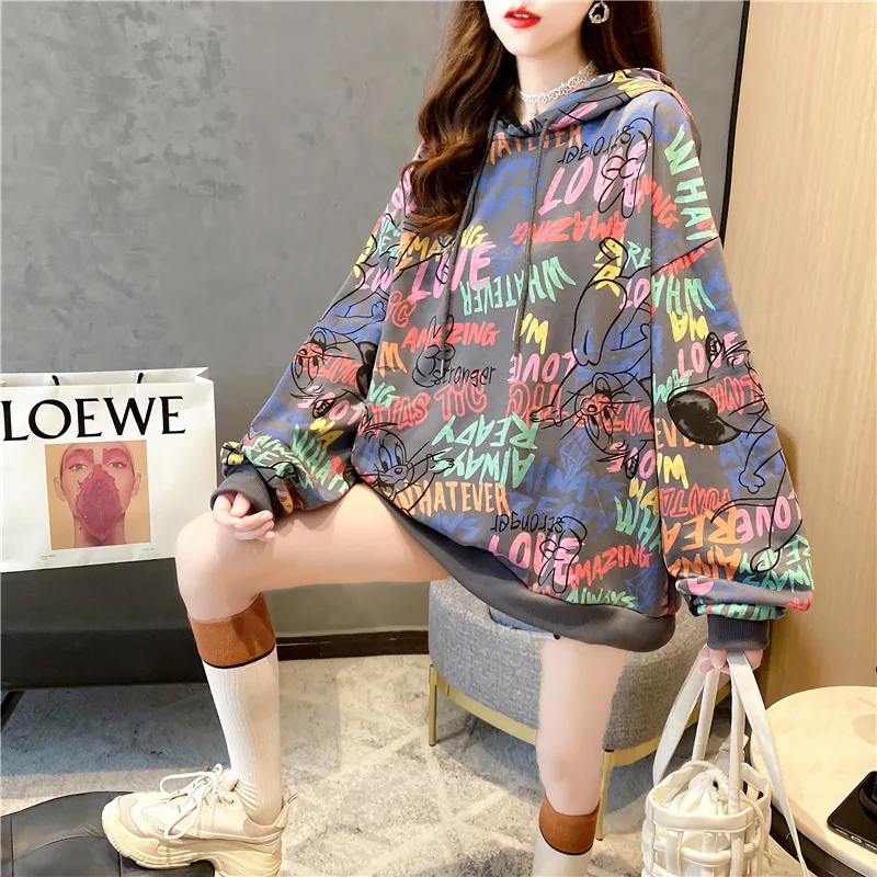 

Print Patchwork Hooded Sweatshirt Women Long Sleeve Casual Letter Hoodies Lady Winter Warm Pocket Pullovers