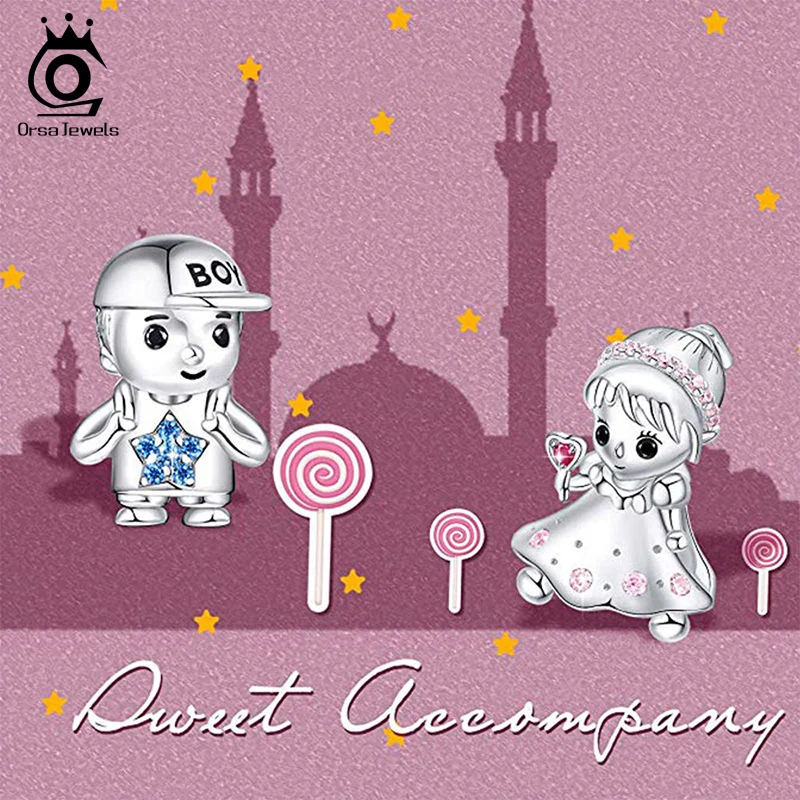 

ORSA JEWELS Romantic Little Boy & Little Girl Charm 925 Silver Bead fit Original Bracelet DIY Women Lovers Jewelry Making CB109