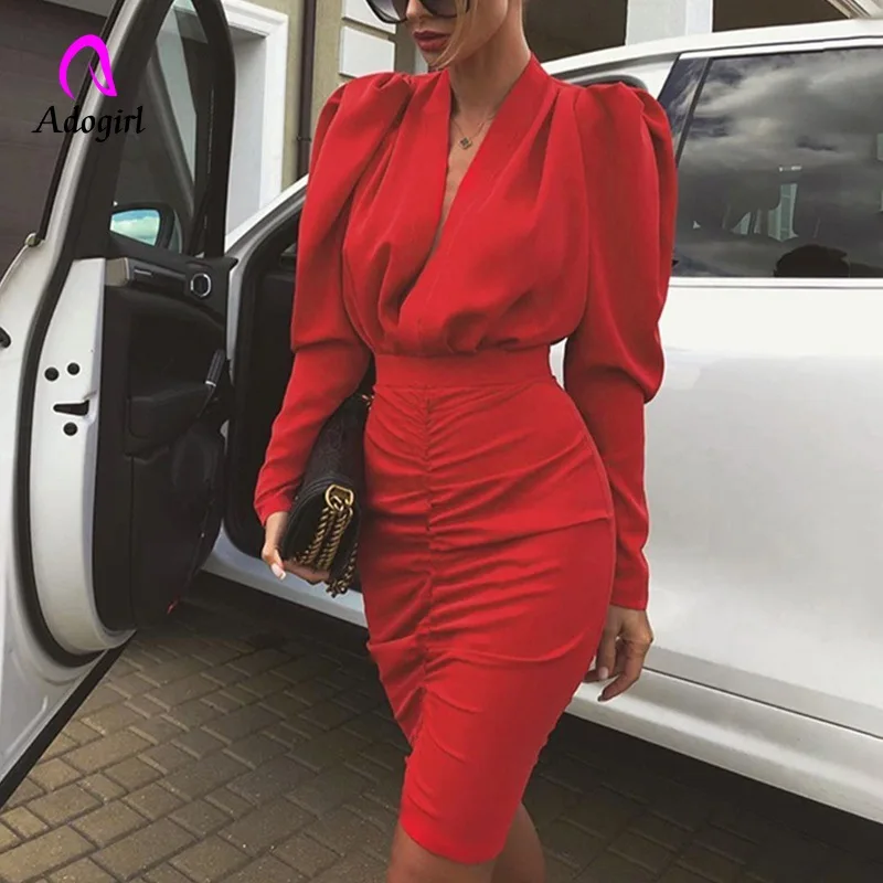 

Puff Sleeve V-Neck Party Dresses Women Solid Red Sexy Autumn Winter Slim Hight Waist Elastic Ruched Elegant evening Midi Dress