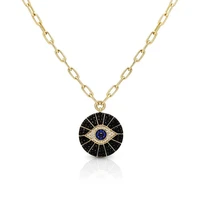 gold filled black cubic zirconia round coin evil eye pendant necklace wide open link chain for women