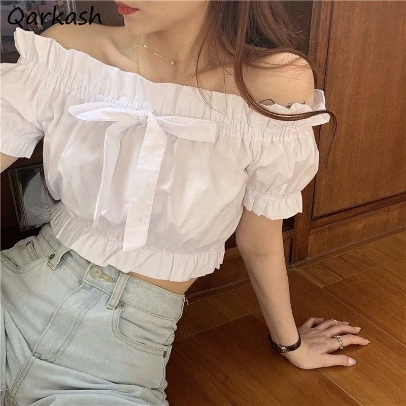 

Blouses Women Slash Neck Solid Female Summer Bowknot Student Street Style Korean Casual Fashion Cozy Puff Sleeve Soft Clothing