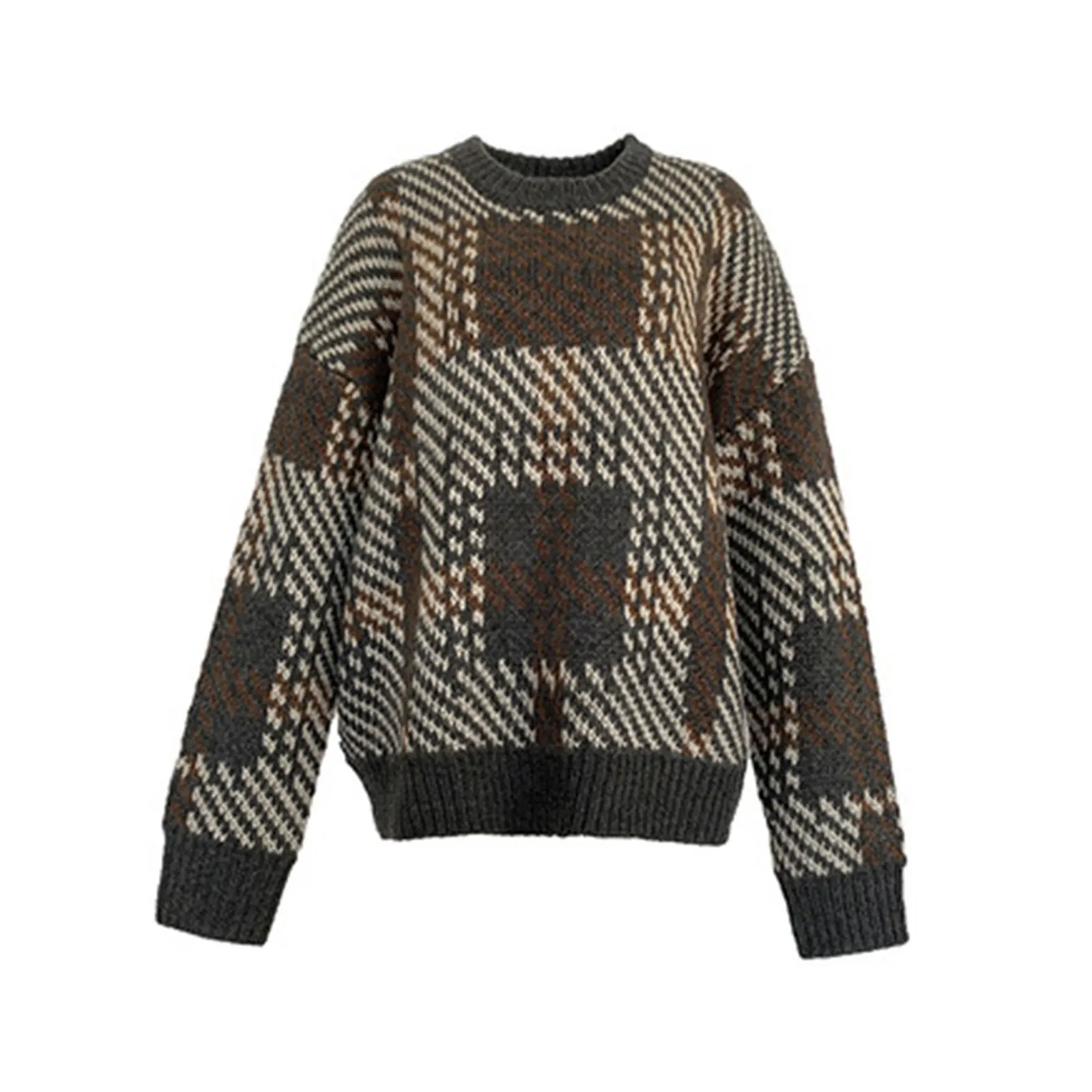 

Autumn Winter Women\uNices Vintage Long-sleeve Loose Sweater Fashion Contrast Color Plaid Round Neck Pullover Knitwea