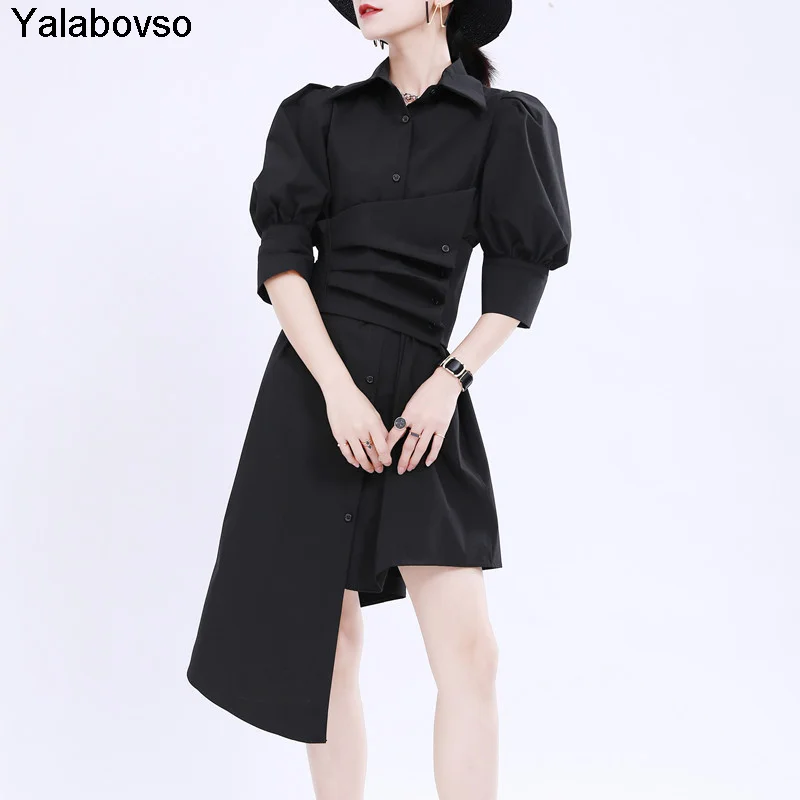 

Dress Summer 2021 New Women's Waistband Show Slim Waist Black Shirt Dress For Women Gothic Dresses Solid Color Outwear Yalabovso