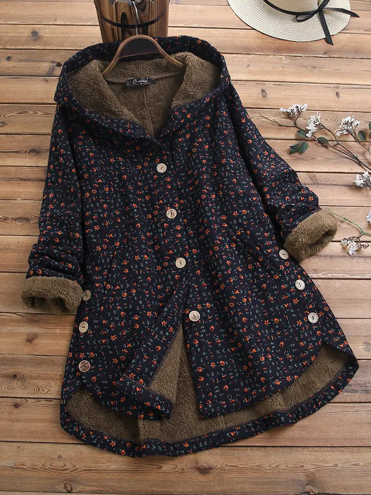

Winter Retro Floral Women's Jacket Fashion Printing Single-breasted Cotton-parka Long Sleeve Casual Hoodies Outdoor Warm Coat