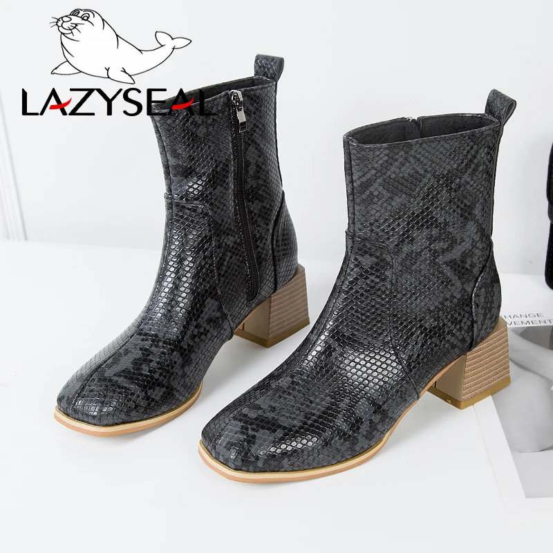 LazySeal Snake Pattern Side Zipper Chelsea Boots Women Shoes Wood Grain Square Heel Ankle Toe Winter Ladies Booties | Обувь