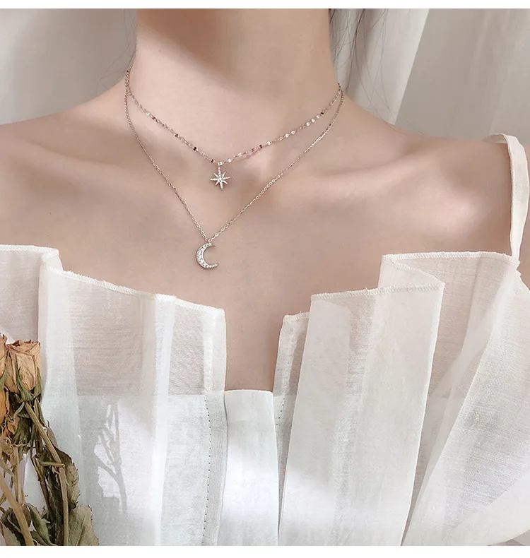 Ожерелье женское Двухслойное с подвеской в виде звезды и Луны | Украшения