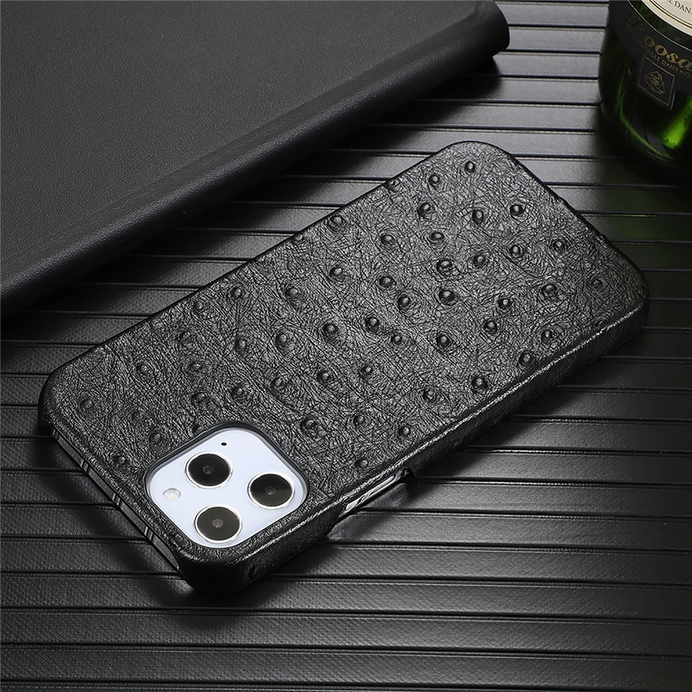 

Leather Phone Case Shockproof Ostrich Pattern Protective Back Cover for iPhone 12 5.4" 6.1" 6.7" Smartphone Accessories